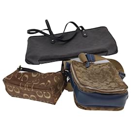 Coach-Coach Signature Canvas Tote Shoulder Bag PVC Leather 3Set Brown Black Auth 40545-Brown,Black