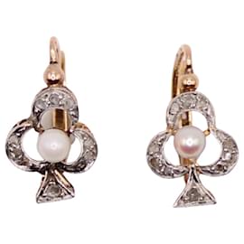 Autre Marque-Dormeuses époque Art Nouveau forme trèfle diamants et perles fines-Bijouterie dorée
