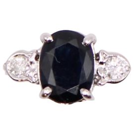 Autre Marque Art Deco style ring sapphire shouldered with diamonds white gold 18 carats Silver hardware