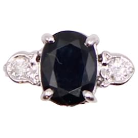 Autre Marque-Art Deco style ring sapphire shouldered with diamonds white gold 18 carats-Silver hardware