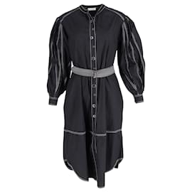 Ulla Johnson-Ulla Johnson Maria Belted Topstitched Midi Dress in Black Cotton-Black