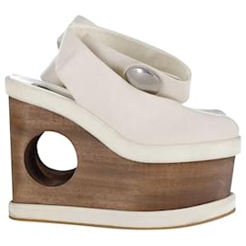Stella Mc Cartney-Stella Mccartney Platform Wedge Sandals in Cream Canvas and Wood-White,Cream