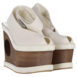 Stella Mc Cartney-Stella Mccartney Platform Wedge Sandals in Cream Canvas and Wood-White,Cream