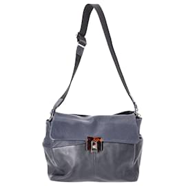 Lanvin-Lanvin Colorblock lined Carry Shoulder Bag in Blue-Grey Leather-Grey