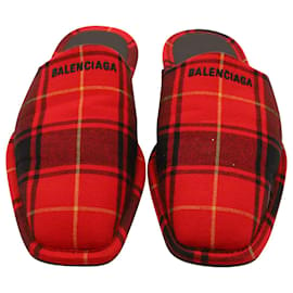 Balenciaga-Balenciaga Logo-Embroidered Tartan Flannel Slippers in Red Wool-Red