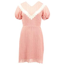 Sandro-Sandro Paris Gavin Two-Tone Puff Sleeve Lace Dress in Pink Polyester-Pink