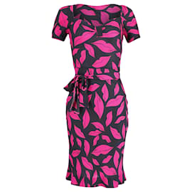 Diane Von Furstenberg-Diane Von Furstenberg Pink Lips Midi Dress in Black Print Silk-Other