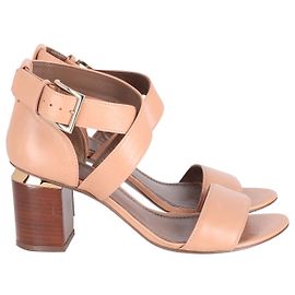 Tory Burch Jones 70Sandália Salto Bloco mm em Couro Bege Bege