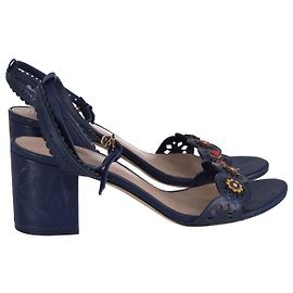 Tory Burch Cut-Out Floral Appliqué Ankle-Strap Sandals in Navy Blue Leather Blue Navy blue