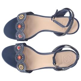Tory Burch-Tory Burch Cut-Out Floral Appliqué Ankle-Strap Sandals in Navy Blue Leather-Blue,Navy blue