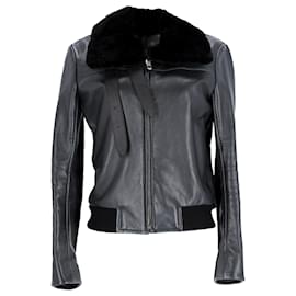 Balenciaga-Balenciaga Fur Collar Biker Jacket in Black Leather-Black