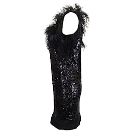 Hugo Boss-Hugo Boss Dhaya Feather-Trimmed Sequined Dress in Black Polyester-Black