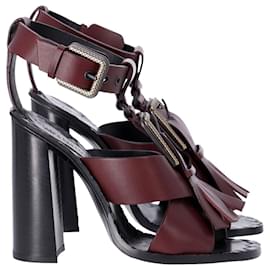 Bottega Veneta-Bottega Veneta Fringe Buckle T-strap Block Heel Sandals in Maroon Leather-Brown,Red