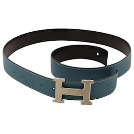 Hermès-Cinturón Reversible Hermes en Cuero Azul-Azul