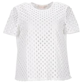 Tory Burch-Tory Burch T-shirt à œillets sur le devant en coton blanc-Blanc