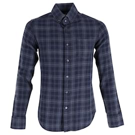 Tom Ford-Tom Ford Check Shirt in Navy Blue Cotton-Blue,Navy blue