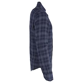 Tom Ford-Tom Ford Check Shirt in Navy Blue Cotton-Blue,Navy blue