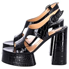Christian Louboutin-Christian Louboutin Croc-Embossed Foolish 13 Platform High Block Heel Sandals in Black Leather-Black