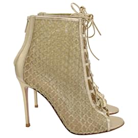 Gianvito Rossi-Gianvito Rossi Lace-Up Embroidered Booties in Gold Mesh & Leather-Golden,Metallic