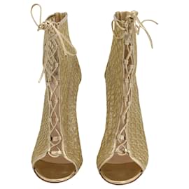 Gianvito Rossi-Gianvito Rossi Lace-Up Embroidered Booties in Gold Mesh & Leather-Golden,Metallic