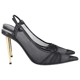 Tom Ford-Zapatos de tacón en punta con tira trasera de malla con adornos de cuero de Tom Ford en cuero negro-Negro