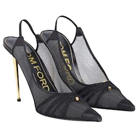 Tom Ford-Tom Ford Leather-trimmed Mesh Slingback Pointed Pumps in Black Leather-Black