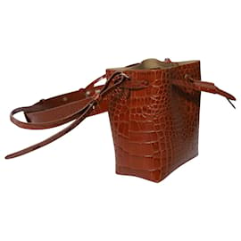 Nanushka-Nanushka Minee Croc-Embossed Convertible Bucket Bag in Brown Leather-Brown