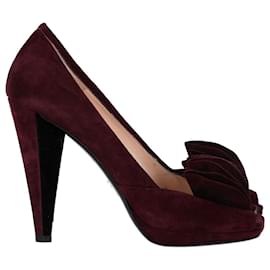 Prada-Prada Peep Toe High Heels in Burgundy Red Suede-Dark red