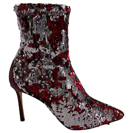 Jimmy Choo-Jimmy Choo Ricky 85 Sequined Ankle Boots in Red Leather-Red