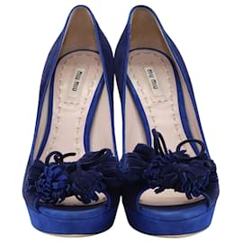 Miu Miu-Zapatos de tacón peep-toe con borlas en ante azul de Miu Miu-Azul