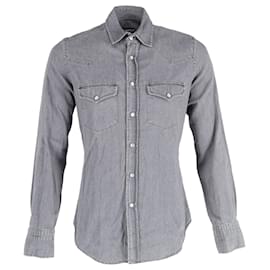 Tom Ford-Tom Ford Denim Western Shirt with Mother of Pearl Buttons in Grey Cotton-Grey