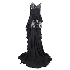 Balmain-Balmain High Low Sequin Gown in Black Silk-Black