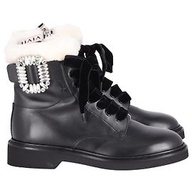 Roger Vivier Ranger Shearling-Lined Crystal-Embellished Ankle Boots in Black Leather Black