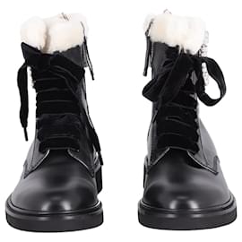 Roger Vivier-Roger Vivier Ranger Shearling-Lined Crystal-Embellished Ankle Boots in Black Leather-Black