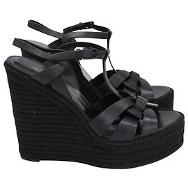 Yves Saint Laurent Sandales Espadrilles Compensées Saint Laurent Tribute en Cuir Noir Noir
