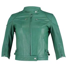 Fendi Cropped Zip Up Jacket in Green Leather Green