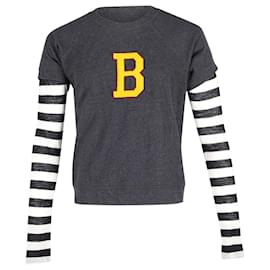 Balenciaga-Balenciaga B Logo T-Shirt m/ Gestreifte lange Ärmel aus grauer Wolle-Grau