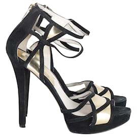 Michael Kors-Michael Kors Jaida High-Heeled Sandals in Black and Gold Suede-Black