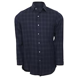 Tom Ford-Tom Ford Long Sleeve Check Shirt in Navy Blue Cotton -Navy blue