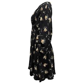 Maje-Maje Long Balloon Sleeves Floral Mini Dress in Black Silk-Black