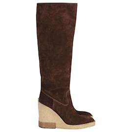 Tod's-Tod's Knee-High Wedge Boots in Brown Suede-Brown