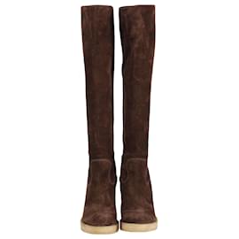 Tod's-Tod's Knee-High Wedge Boots in Brown Suede-Brown