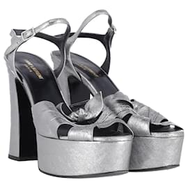 Saint Laurent-Saint Laurent Candy Platform Sandals in Silver Leather-Silvery,Metallic