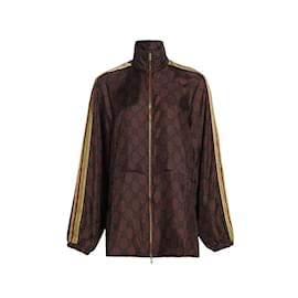 Gucci-GUCCI Chaqueta de seda con estampado GG Supreme marrón con cremallera y franja dorada talla L-Marrón oscuro