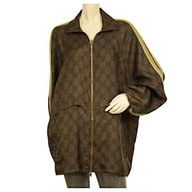 Gucci-GUCCI Brown Veste zippée en soie imprimée Supreme GG avec bande dorée taille L-Marron foncé