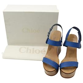 Chloé-Sandalias de Cuña con Tacón Alto Chloe en Cuero Azul-Azul
