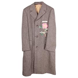 Gucci-Gucci Floral Embroidered Checked Coat in Brown Wool-Brown
