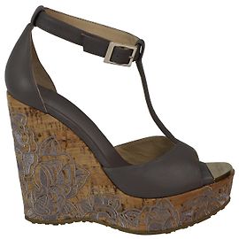 Jimmy Choo Floral Embroidered Cork Wedge Ankle Strap Sandals in Grey Leather Grey