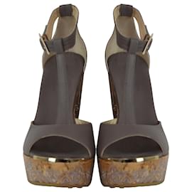 Jimmy Choo-Jimmy Choo Floral Embroidered Cork Wedge Ankle Strap Sandals in Grey Leather-Grey