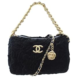 Chanel-Bolsa de ombro Chanel com corrente dupla Camélia em veludo preto-Preto
